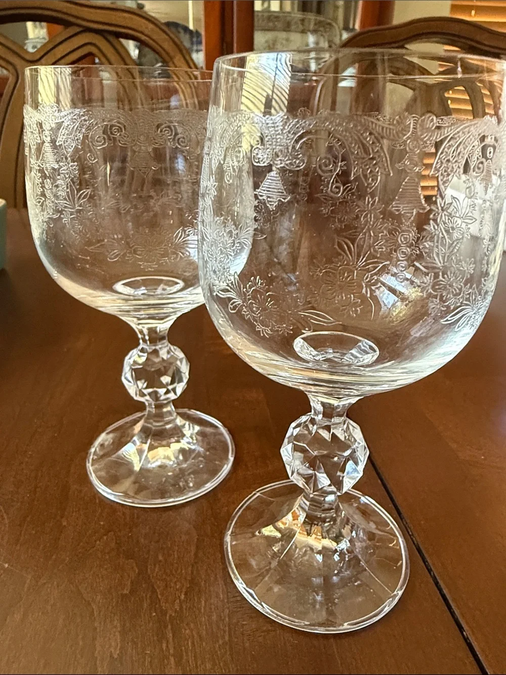 2 pc Czech Bohemian clear etched Crystal Cascade Design cordials footed glasses